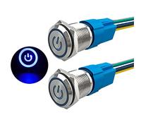 Aiqeer 2 Pièces 16 mm Commutateur Bouton-Poussoir Auto-Bloquant, 12V / 24V 5A Interrupteur à Bouton-Poussoir en Acier Inoxydable Étanche IP67, avec Prise Pré-Câblée (LED Bleu)