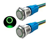 Aiqeer 2 Pièces 16 mm Commutateur Bouton-Poussoir Momentané, 12V / 24V 5A Interrupteur à Bouton-Poussoir en Acier Inoxydable Étanche IP67, avec Prise Pré-Câblée (LED Vert)