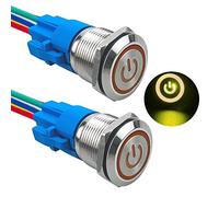 Aiqeer 2 Pièces 19 mm Commutateur Bouton-Poussoir Auto-Bloquant, 12V / 24V 5A Interrupteur à Bouton-Poussoir en Acier Inoxydable Étanche IP67, avec Prise Pré-Câblée (LED Jaune)