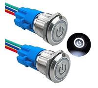 Aiqeer 2 Pièces 19 mm Commutateur Bouton-Poussoir Auto-Bloquant, 12V / 24V 5A Interrupteur à Bouton-Poussoir en Acier Inoxydable Étanche IP67, avec Prise Pré-Câblée (LED Blanc)