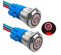 Aiqeer 2 Pièces 19 mm Commutateur Bouton-Poussoir Auto-Bloquant, 12V / 24V 5A Interrupteur à Bouton-Poussoir en Acier Inoxydable Étanche IP67, avec Prise Pré-Câblée (LED Rouge)