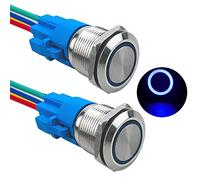 Aiqeer 2 Pièces 19 mm Commutateur Bouton-Poussoir Momentané, 12V / 24V 5A Interrupteur à Bouton-Poussoir en Acier Inoxydable Étanche IP67, avec Prise Pré-Câblée (LED Bleu)