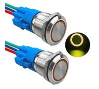 Aiqeer 2 Pièces 19 mm Commutateur Bouton-Poussoir Momentané, 12V / 24V 5A Interrupteur à Bouton-Poussoir en Acier Inoxydable Étanche IP67, avec Prise Pré-Câblée (LED Jaune)