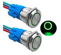 Aiqeer 2 Pièces 19 mm Commutateur Bouton-Poussoir Momentané, 12V / 24V 5A Interrupteur à Bouton-Poussoir en Acier Inoxydable Étanche IP67, avec Prise Pré-Câblée (LED Vert)