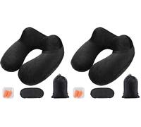 AiQInu Gonflable,Compact Coussin de Voyage avec Taie d'oreiller Lavable, avec Masque pour Dormir+ Bouchons d’Oreilles + Sac Transport,pour Avion et Train (Lot de 2)