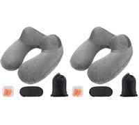AiQInu Gonflable,Compact Coussin de Voyage avec Taie d'oreiller Lavable, avec Masque pour Dormir+ Bouchons d’Oreilles + Sac Transport,pour Avion et Train (Lot de 2)