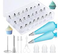 AiQInu Poche a douille patisserie 34 pcs, 24 douilles en acier inoxydable, 2 poches à douille réutilisables en silicone, pour gâteaux, cupcakes, cookies, pâtisseries