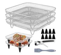 Air Fryer Grill Rack - 20x20cm Square Rack, Stainless Steel Non Stick, 13 Piece Stackable Oven Basket with Silicone Feet | Cooking Accessories for Kitchen Restaurant Oven Toast Baking Meat Vegetables