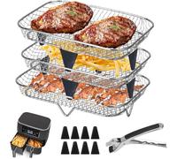 Air Fryer Rack 3pcs Empilable, Tour Air Fryer Rack Panier En Acier Inoxydable Griller Rack Air Fryer Accessoires Pour Barbecue, Friteuse Four, Air Fryer Déshydrateur Rack Grill Rack Air (8 coussins)