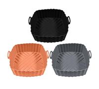 Air Fryer, Silicone Liners, 7.4 inches, Baking Tray, Heat Resistant Material, Reusable Oven Pot, 3-Piece Set, Square Shape Design, Black Gray Light Brown, for Toaster Microwave Cooking Use