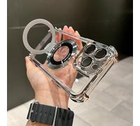Airbag Anti-Fall Case with Invisible Ring Stand, Translucent Electroplated Magnetic Anti Drop Airbag for iPhone Case, Shockproof Corners Kickstand Phone Case for iPhone 11 12 13 14 15 Pro Max(Silver,F