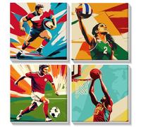 AIRDEA 4 pièces Sports Unifiés Internationaux Peinture Numero adulte et enfants avec cadre, 4 pièces acrylique facile sur toile pour débutants, Peinture par Numero Adulte 20x20 cm