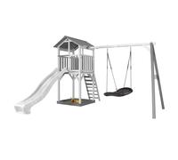 AXI Beach Tower Aire de Jeux avec Toboggan en Blanc, Balançoire Nid d'oiseau noir & Bac à Sable | Grande Maison enfant extérieur en Gris & Blanc | Cabane de Jeu en Bois FSC