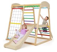 Aire de Jeu d'Escalade en Bois 6 en 1 DREAMADE avec Toboggan Corde et Échelles Ancrages Métalliques pour Enfant 1 an+, Multicolore