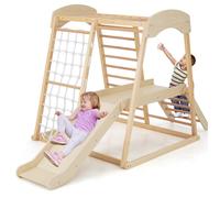 Aire de Jeu d'Escalade en Bois 6 en 1 DREAMADE avec Toboggan Corde et Échelles Ancrages Métalliques pour Enfant 1 an+, Naturel