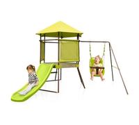 Aire de Jeu Portique COSTWAY 4-en-1-Balançoire, Cabane, Toboggan, Echelle d’Escalade-Cadre avec Peinture Epaisse-Enfant 3-7 Ans