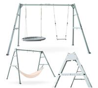 Aire de jeux 3 en 1 - HYPERMOTION - 295x191x192 cm - Nid d'oiseau, hamac & balançoire - Cap. 180 kg - Acier thermolaqué