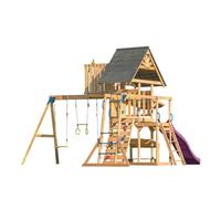 AXI Mitch Aire de Jeux en Bois avec 2 Balançoires, Toboggan Violet / Aire de Jeux Extérieur, Bac à Sable, Trapèze/Mur d'escalade |