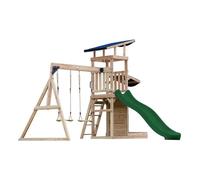 AXI Malik Aire de Jeux en Bois avec 2 Balançoires, Toboggan Vert/ Aire de Jeux Extérieur, Bac à Sable, Mûr de Jeux/Toboggan avec raccordement à eau | Portique Balançoire/Jeux en Bois Extérieur