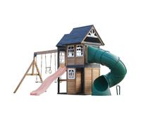 Aire de jeux - AXI - Noud - 2 balançoires bois - Toboggans tubulaire & ondulé 220 cm - Maisonnette & mur d'escalade