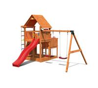 FUNGOO Aire de jeux BIG LEADER MOVE avec triple plateforme à plusieur niveaux, échelle de corde, toiture, mur d'escalade, toboggan rouge & accessoires de jeux, balançoire 2 sièges - Kit sécurité ancrage au sol fournis