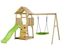 Aire de jeux bois, 2 balançoires, nid, toboggan, escalade, bac à sable WOODI