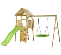 Aire de jeux bois, 2 balançoires, nid, toboggan, escalade, cabane WOODI