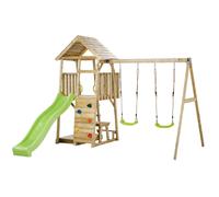 Kangui Aire de jeux en bois WOODI – Double balançoire, toboggan, cabane, mur d'escalade
