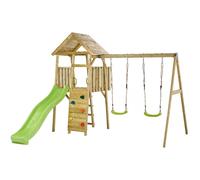Aire de jeux bois, 2 balançoires, toboggan, escalade, cabane WOODI