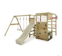 Aire de jeux bois FATMOOSE ActionArena Air XXL avec double balançoire, toboggan 220 cm vert sauge, mur d’escalade et panier basket