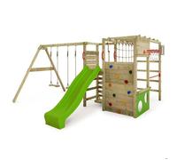 Aire de jeux bois FATMOOSE ActionArena Air XXL avec double balançoire, toboggan vert pomme et mur d’escalade - 10 ans de garantie*