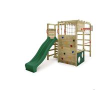 Fatmoose Aire de Jeux Portique d'escalade ActionArena Air XXL avec Toboggan Vert, extérieur Enfants Tour d'escalade avec échelle, Panier de Basket & Accessoires de Jeux