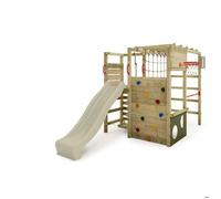 Fatmoose Aire de Jeux Portique d'escalade ActionArena Air XXL avec Toboggan Vert Sauge, extérieur Enfants Tour d'escalade avec échelle, Panier de Basket & Accessoires de Jeux