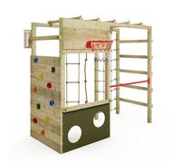 Aire de jeux bois FATMOOSE CleverClimber Club XXL avec mur d’escalade et panier de basket - vert olive - 10 ans de garantie*