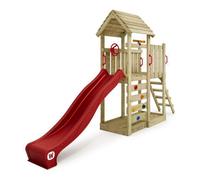 WICKEY Aire de Jeux JoyFlyer portique en Bois avec Toboggan Rouge, Tour d'escalade pour Enfants avec bac à Sable, échelle et Accessoires de Jeu pour Le Jardin.