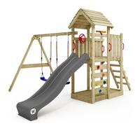 Aire de jeux bois WICKEY MultiFlyer avec toit en bois, double balançoire et toboggan 220 cm anthracite - 10 ans de garantie*