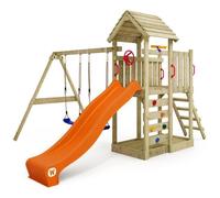 Aire de jeux bois WICKEY MultiFlyer avec toit en bois, double balançoire et toboggan 220 cm orange - 10 ans de garantie*
