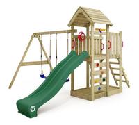 Aire de jeux bois WICKEY MultiFlyer avec toit en bois double balançoire et toboggan 220 cm vert - 10 ans de garantie*