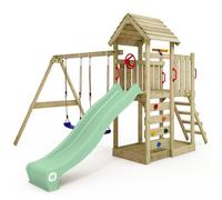 Aire de jeux bois WICKEY MultiFlyer avec toit en bois double balançoire et toboggan 220 cm vert pastel - 10 ans de garantie*