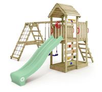 Aire de jeux bois WICKEY RocketFlyer avec double balançoire toboggan 220 cm vert pastel et module d’escalade - 10 ans de garantie*