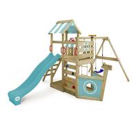 Aire de jeux bois WICKEY SeaFlyer style bateau avec toboggan 220 cm bleu pastel, balançoire et bac à sable - 10 ans de garantie*