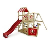 Aire de jeux bois WICKEY SeaFlyer style bateau avec toboggan 220 cm rouge, balançoire et bac à sable - 10 ans de garantie*