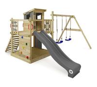 Aire de jeux bois WICKEY Smart Camp avec toboggan 220 cm anthacite double balançoire et maisonnette - 10 ans de garantie*