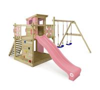 Aire de jeux bois WICKEY Smart Camp avec toboggan 220 cm rose pastel double balançoire et maisonnette - 10 ans de garantie*