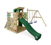 WICKEY Aire de Jeux Smart Camp portique en Bois avec balançoire et Toboggan Vert, Tour d'escalade pour Enfants avec bac à Sable, échelle et Accessoires de Jeu pour Le Jardin.