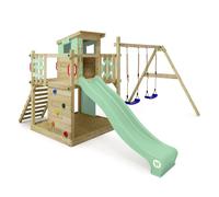 Aire de jeux bois WICKEY Smart Camp avec toboggan 220 cm vert pastel, double balançoire et maisonnette - 10 ans de garantie*