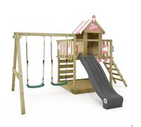 Aire de jeux bois WICKEY Smart Candy avec toboggan 220 cm anthracite, double balançoire et maisonnette - 10 ans de garantie*