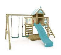 Aire de jeux bois WICKEY Smart Candy avec toboggan 220 cm bleu pastel, double balançoire et maisonnette - 10 ans de garantie*
