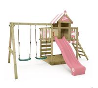 Aire de jeux bois WICKEY Smart Candy avec toboggan 220 cm rose pastel double balançoire et maisonnette - 10 ans de garantie*