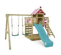 Aire de jeux bois WICKEY Smart Candy avec toboggan 220 cm turquois, double balançoire et maisonnette - 10 ans de garantie*